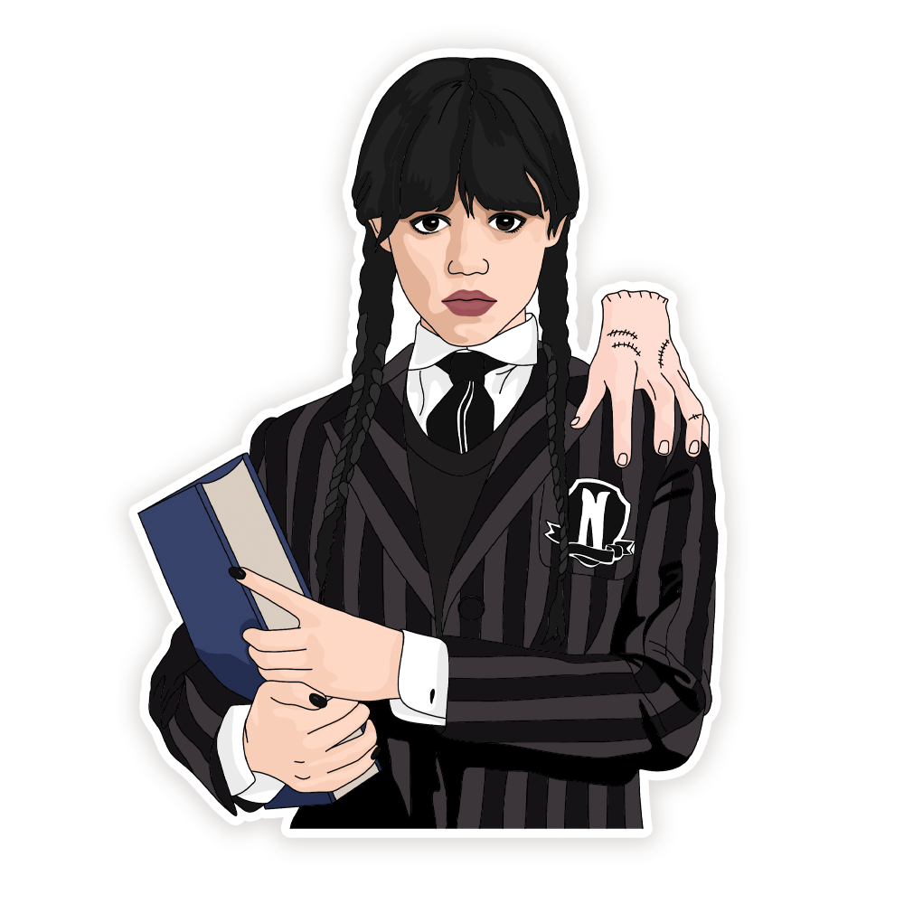 Wednesday Addams, Wednesday & Thing at Nevermore, Sticker | Found Studio |  Shop